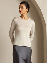 [Gray] SilkSilky-UK 100% Silk Jersey Long Sleeve Crew Neck Women's T-Shirt 010