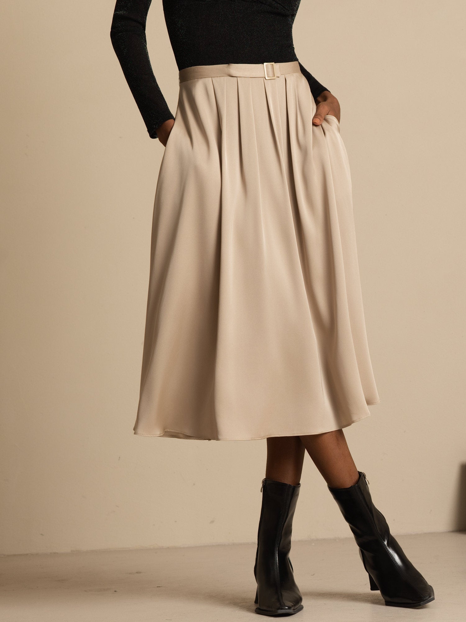 [Tan] SilkSilky-UK 19Momme Stretch Silk Double Georgette Skirt 001