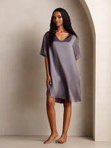 [Purple Gray] SilkSilky-UK Half Sleeve V Neck Nightdress 001