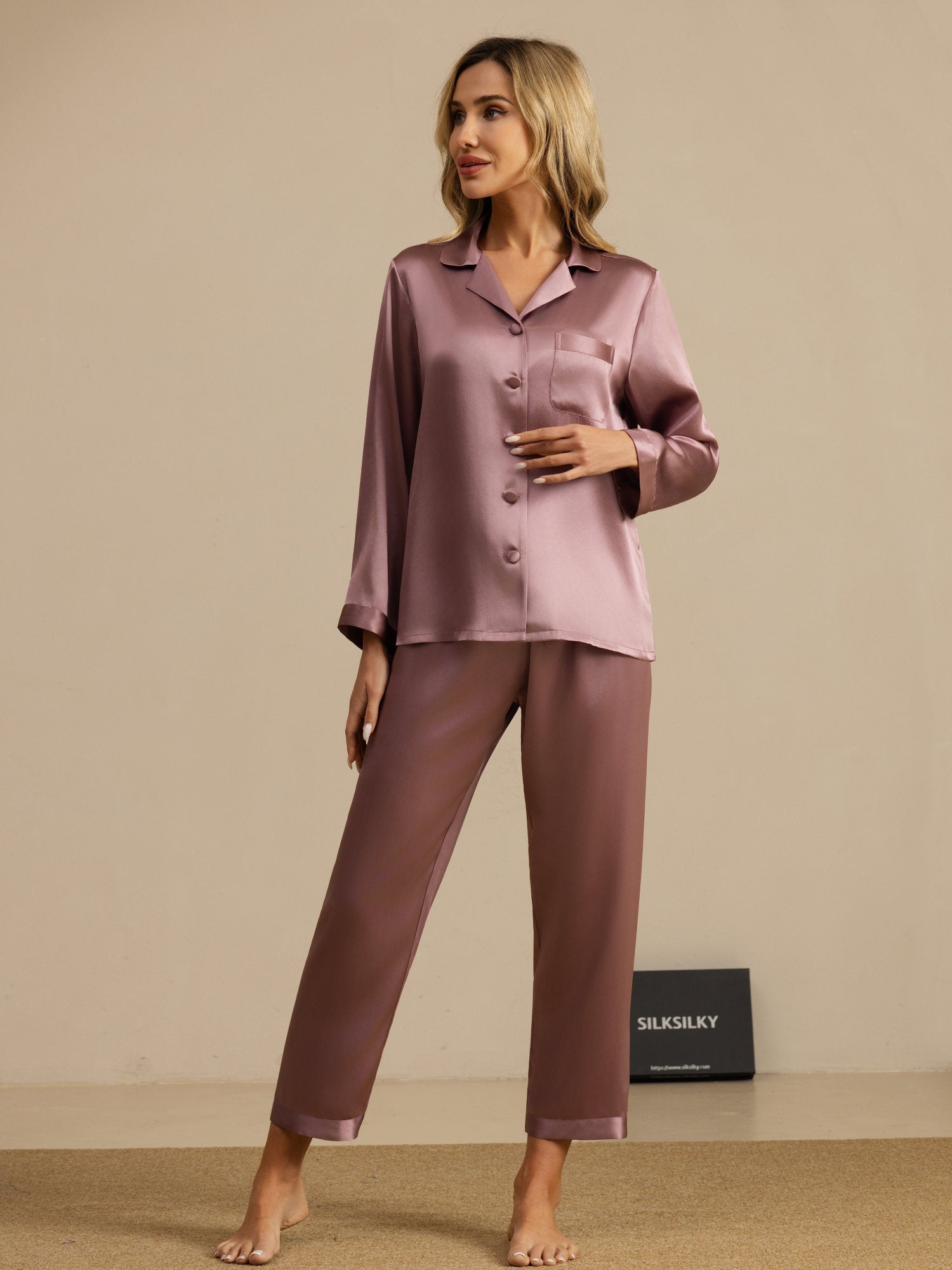 [Pale Mauve] SilkSilky-UK Long Sleeve Notch Collar Women's Pyjamas 001