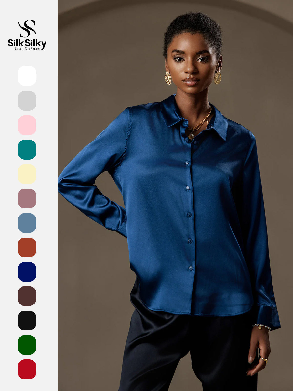 [Teal] SilkSilky-UK Silk Long Sleeve Collar Women's Shirt 001