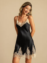 [Black+Beige] SilkSilky-UK Spaghetti Strap V Neck Nightdress 007