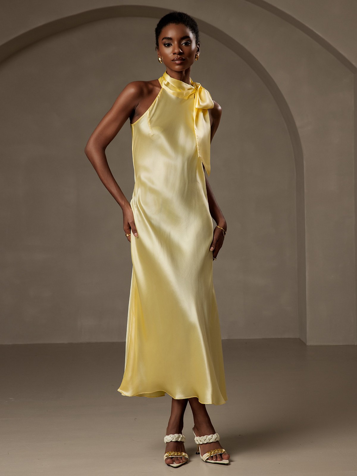 [Light Yellow] SilkSilky-UK 19Momme Silk Sleeveless Tie Neck Dress 001