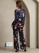 [Navy Floral] SilkSilky-UK 19Momme Silk Collar Women''s Outfit Sets 002