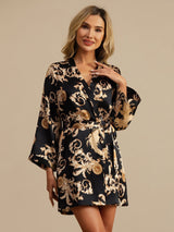 [Black Dragon] SilkSilky-UK 3/4 Sleeve V Neck Women's Dressing Gown 004