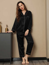 [Black] SilkSilky-UK Long Sleeve Lapel Collar Women's Pyjamas 004