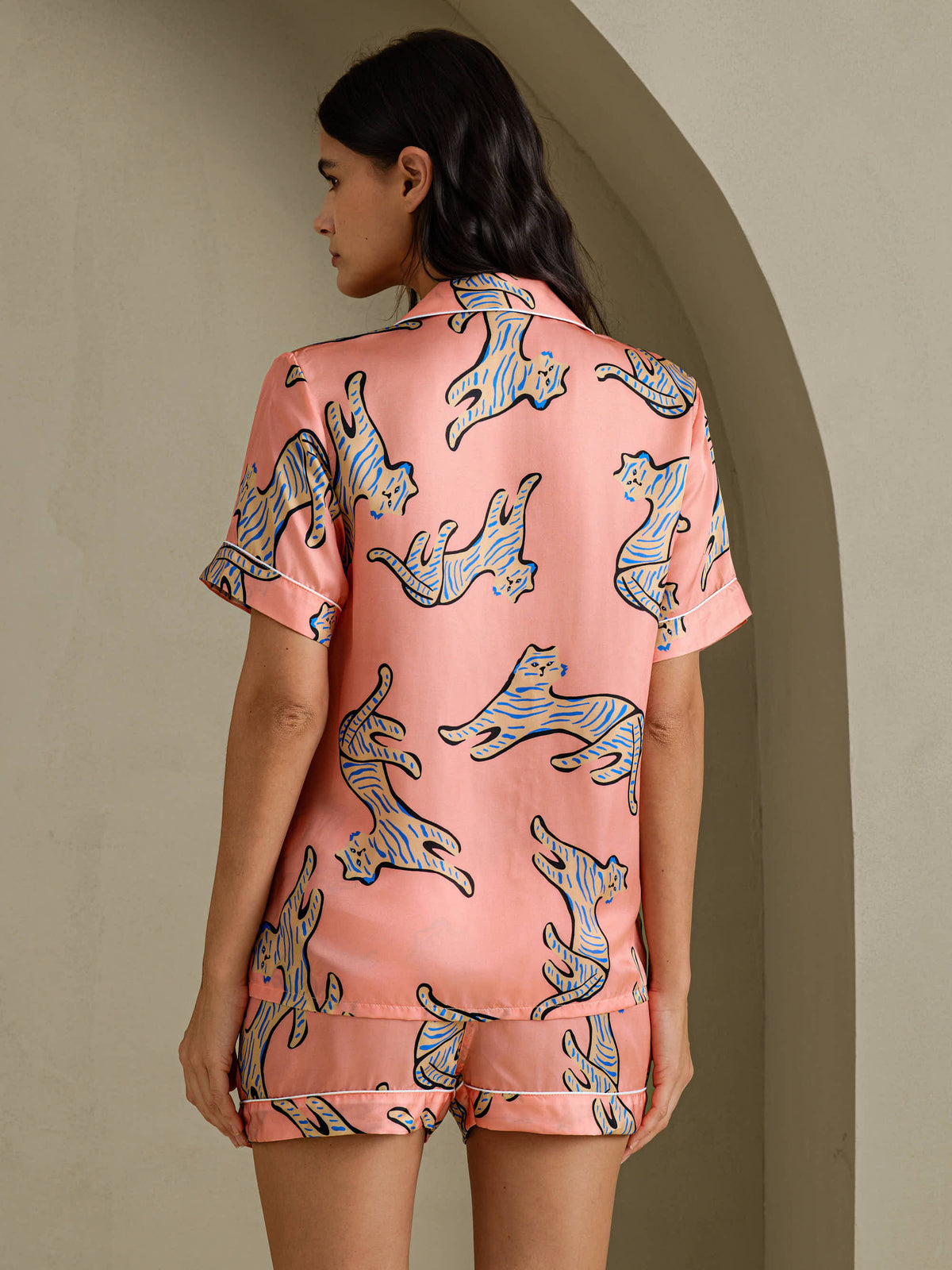 [Pink Cat] SilkSilky-UK Short Sleeve Lapel Collar Women's Pyjamas 002