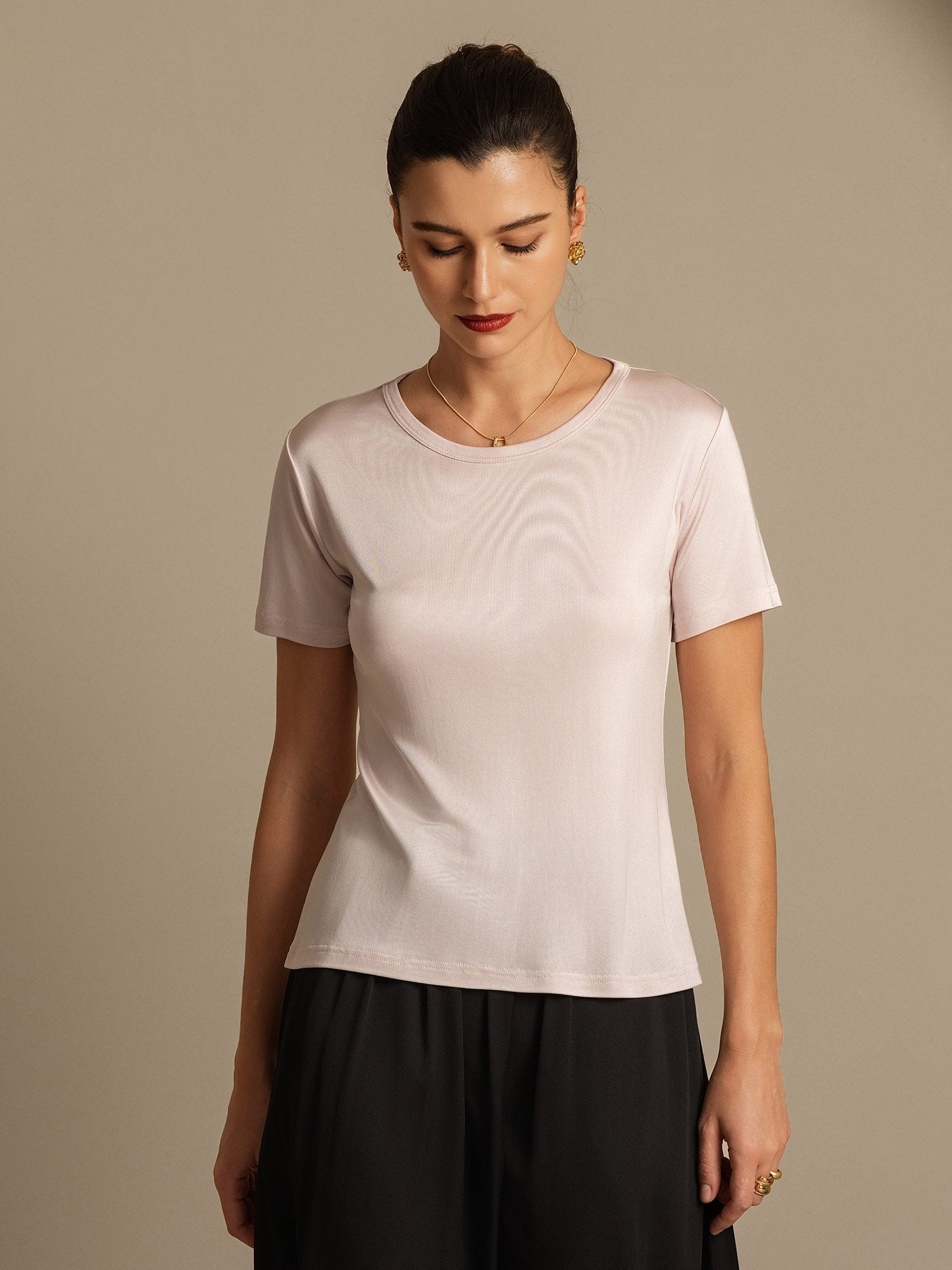 [Light Pink] SilkSilky-UK Silk Knitted Round Neck Women's T-Shirt 006,