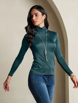 [Dark Green] SilkSilky-UK Silk Jersey Long Sleeve Turtle Neck Women's T-Shirt 003