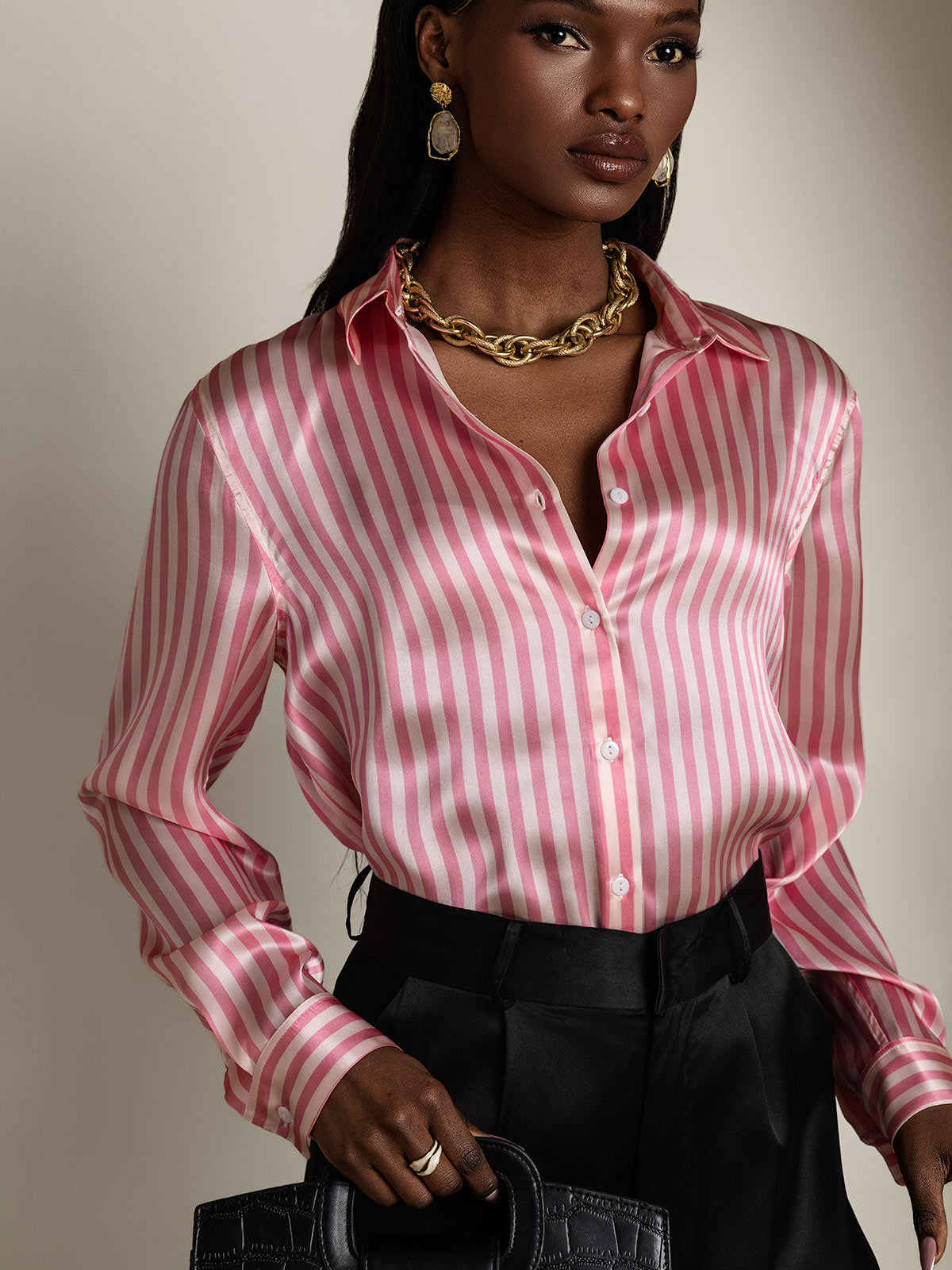 [Pink Stripe] SilkSilky-UK Long Sleeve Lapel Collar Women's Shirt 001