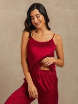 [Wine] SilkSilky-UK 19Momme Machine-Washable Silk Spaghetti Strap Scoop Neck Camisole Set 007