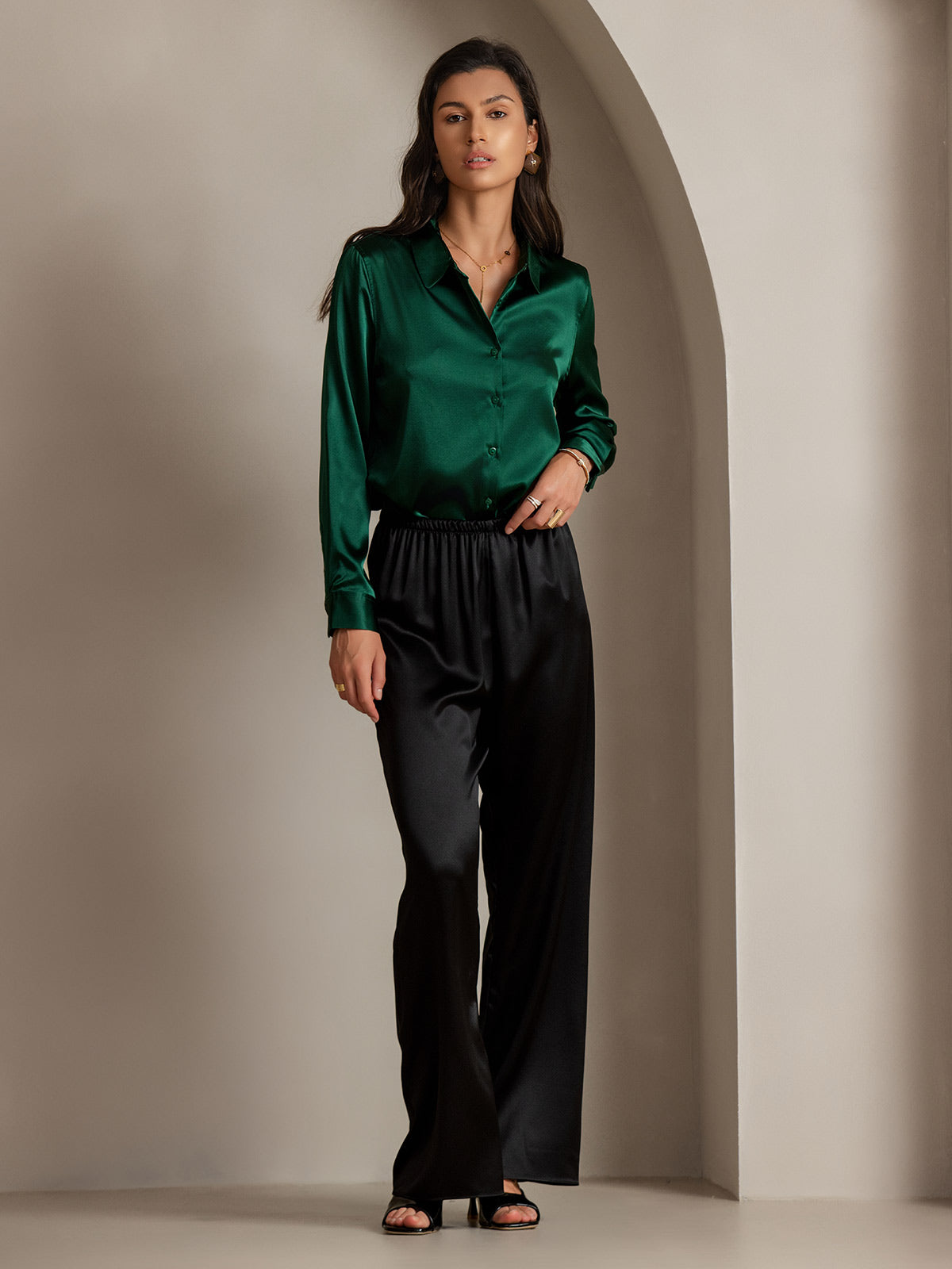 [Dark Green] SilkSilky-UK Silk Long Sleeve Collar Women's Shirt 008