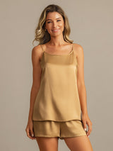 [Tan] SilkSilky-UK 19Momme Machine-Washable Silk Spaghetti Strap Round Neck Camisole Set 003