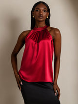 [Wine] SilkSilky-UK 19Momme Stretch Silk Charmeuse Sleeveless Halter Women's T-Shirt 004