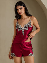 [Wine] SilkSilky-UK Spaghetti Strap V Neck Camisole Set 003