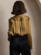 [Brown] SilkSilky-UK 19Momme Stretch Silk Charmeuse Long Sleeve Tie Neck Blouse 002