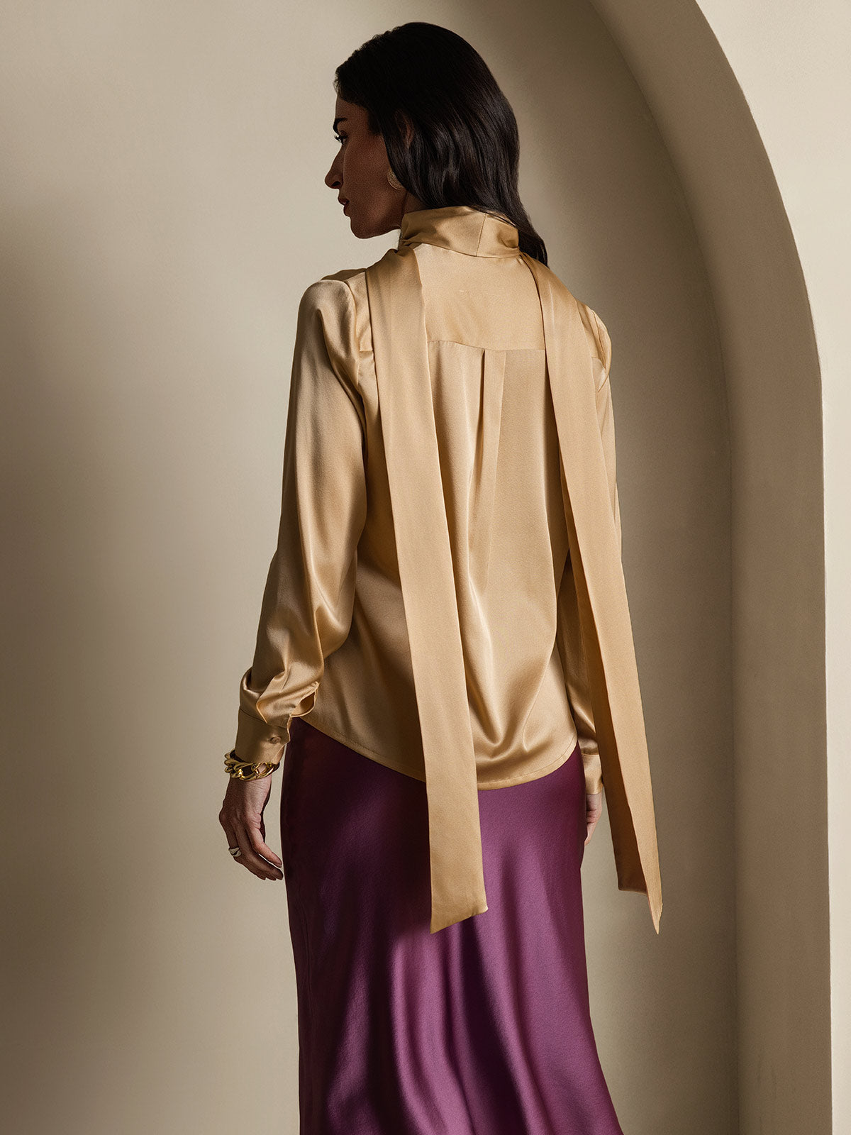 [Champagne] SilkSilky-UK 19Momme Long Sleeve Tie Neck Blouse 002