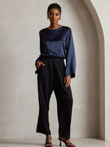 [Dark Blue] SilkSilky-UK Long Sleeve Boat Neck Blouse 007