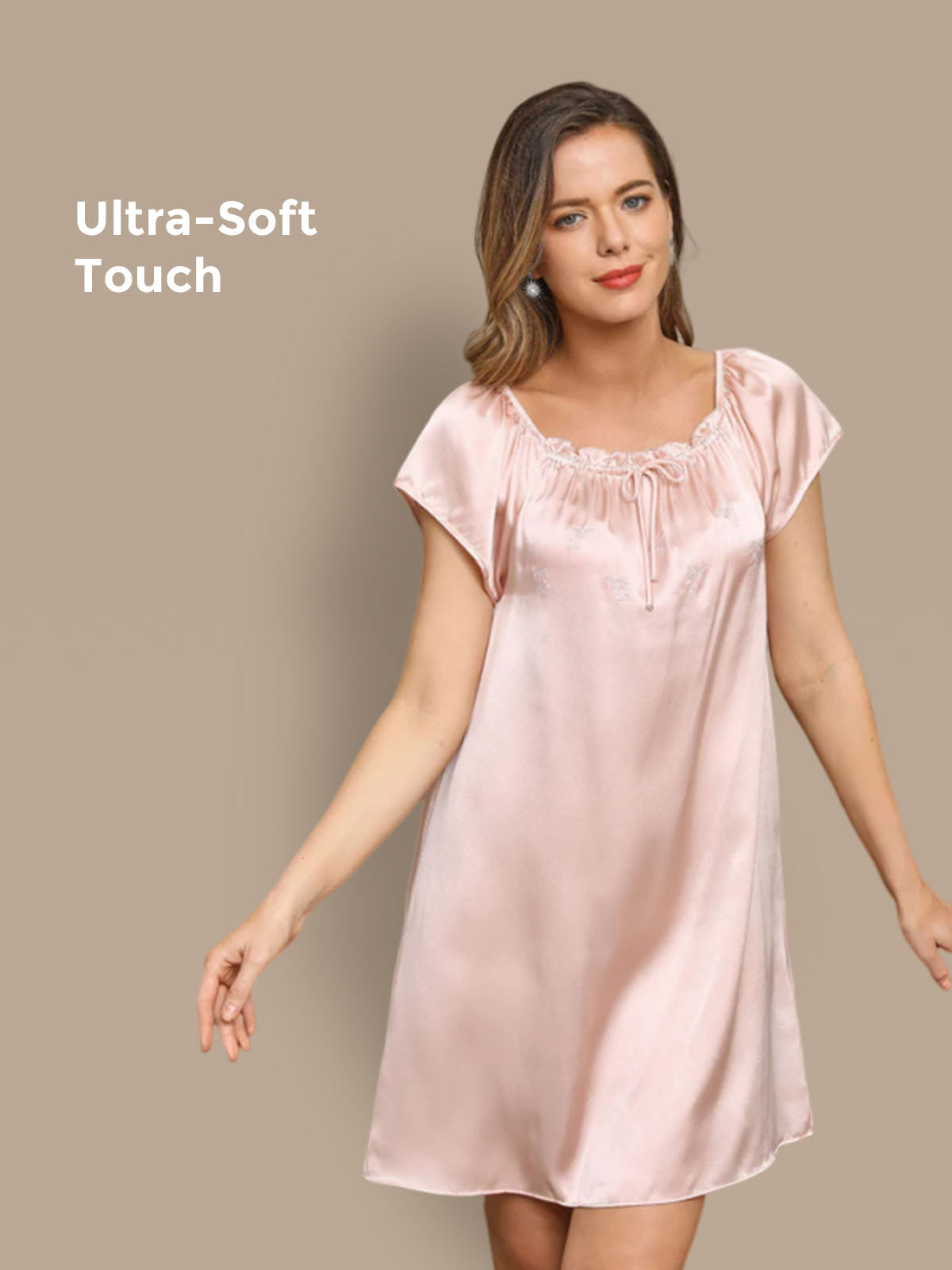 [Light Pink] SilkSilky-UK Cap Sleeve Square Neck Nightdress 001