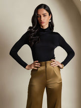 [Black] SilkSilky-UK Silk Jersey Long Sleeve Turtle Neck Women's T-Shirt 003