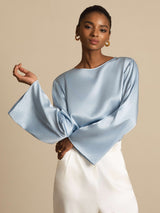 [Grayish Blue] SilkSilky-UK Long Sleeve Boat Neck Blouse 004