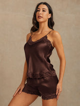 [Brown] SilkSilky-UK Spaghetti Strap V Neck Camisole Set 001