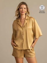 [Tan] SilkSilky-UK 19Momme Machine-Washable Silk Half Sleeve Notch Collar Women's Pyjamas 001