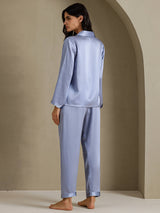 [Steel Blue] SilkSilky-UK Long Sleeve Lapel Collar Women's Pyjamas 002