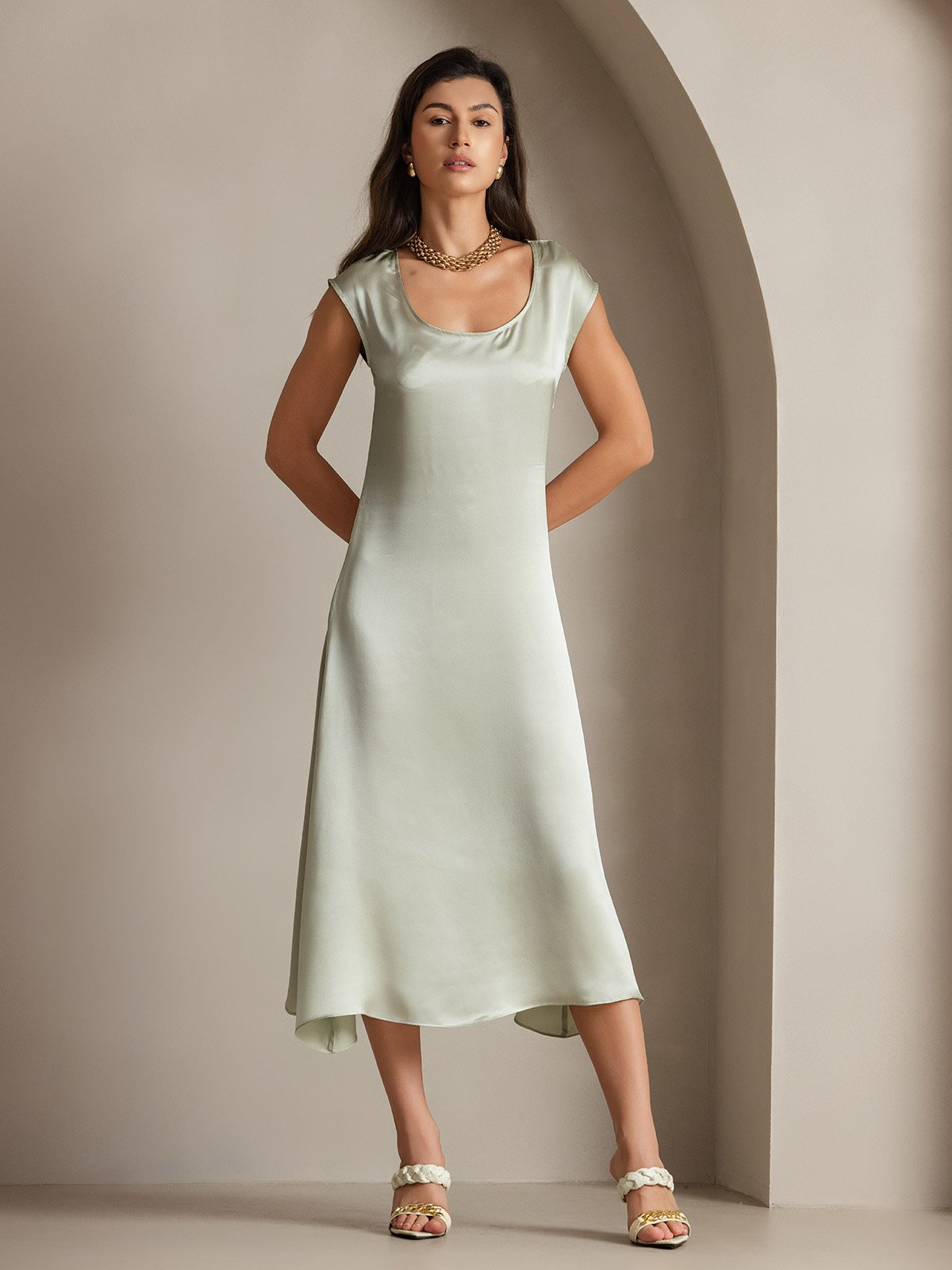 [Light Green] SilkSilky-UK 19Momme Silk Cap Sleeve Round Neck Dress 001
