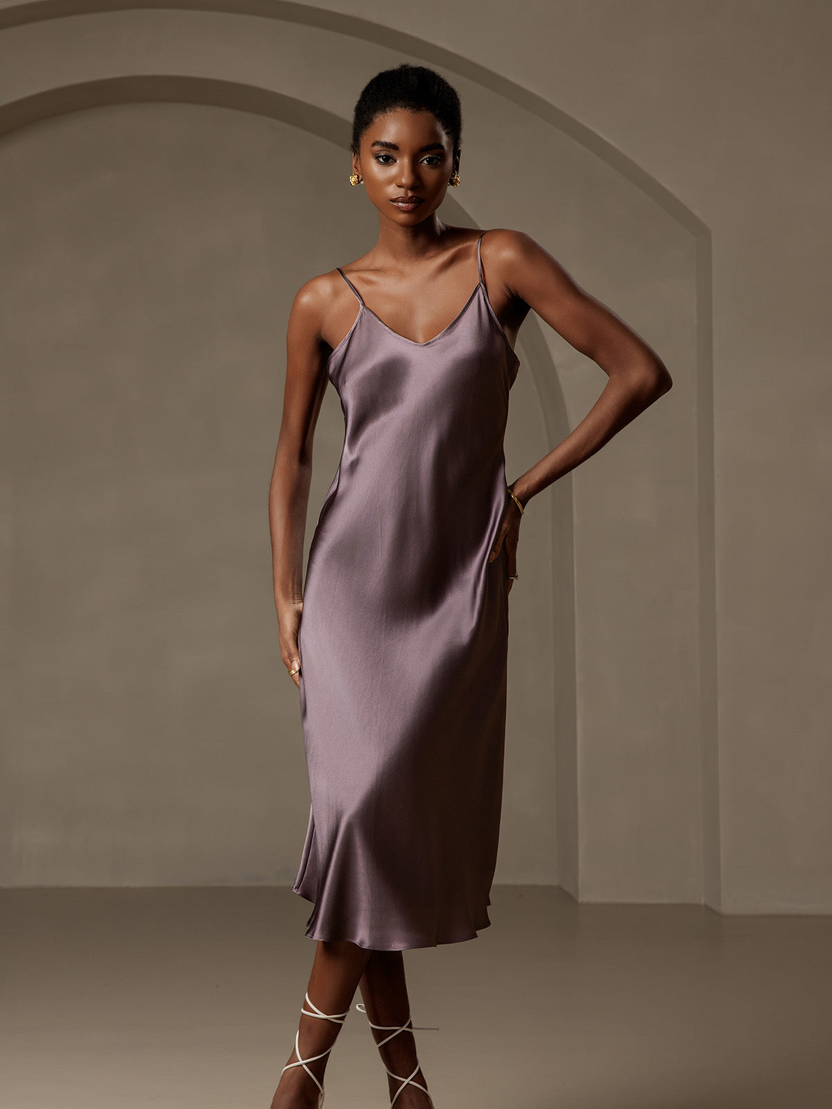 SilkSilky UK Pure Silk V Neck Dress PurpleGray 004