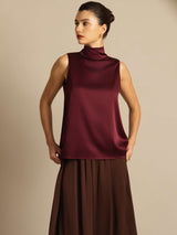[Dark Red] SilkSilky-UK 19Momme Stretch Silk Charmeuse Sleeveless Tie Neck Blouse 008