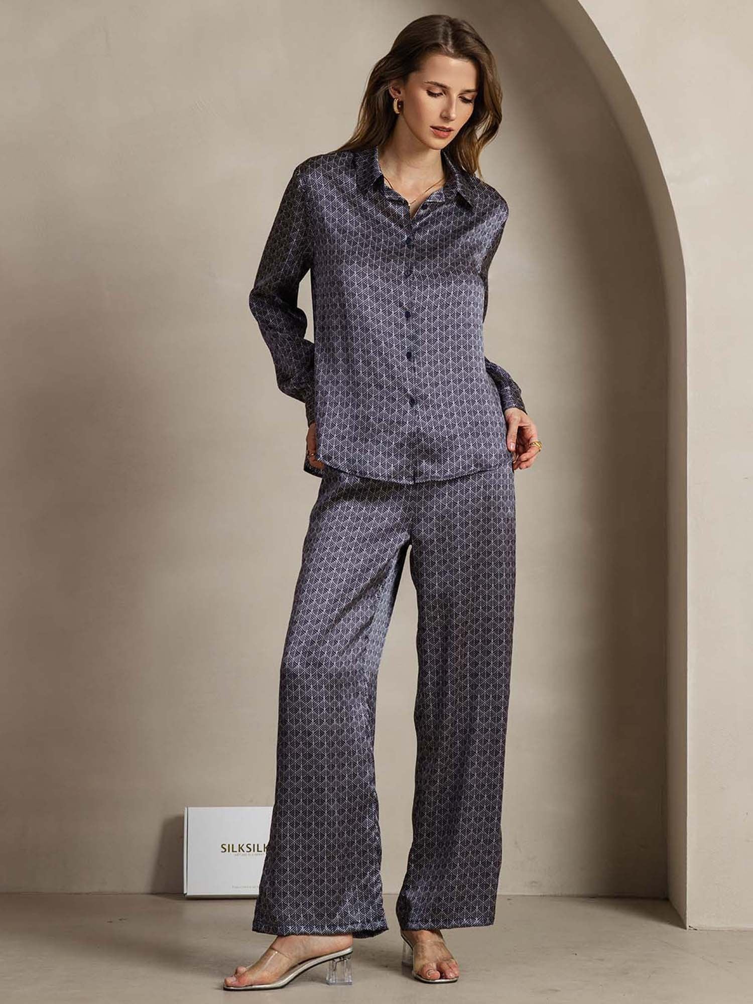 [NavyGinkgo] SilkSilky-UK 19Momme Silk Collar Women''s Outfit Sets 003