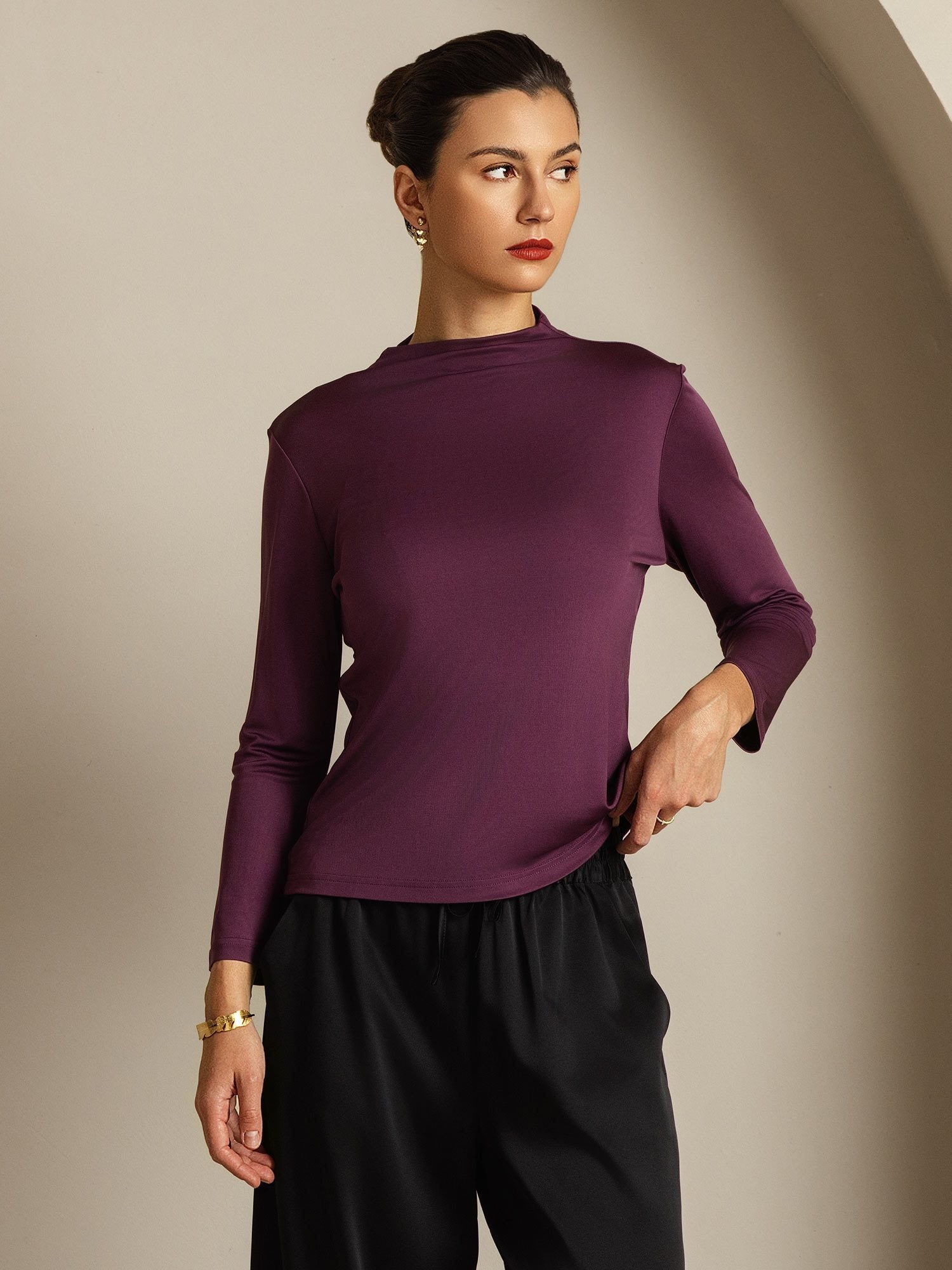 [Purple] SilkSilky-UK Pure Silk Mock Women's T-Shirt 009