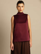[Dark Red] SilkSilky-UK 19Momme Stretch Silk Charmeuse Sleeveless Tie Neck Blouse 003