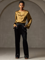 [Brown] SilkSilky-UK Long Sleeve Boat Neck Blouse 008