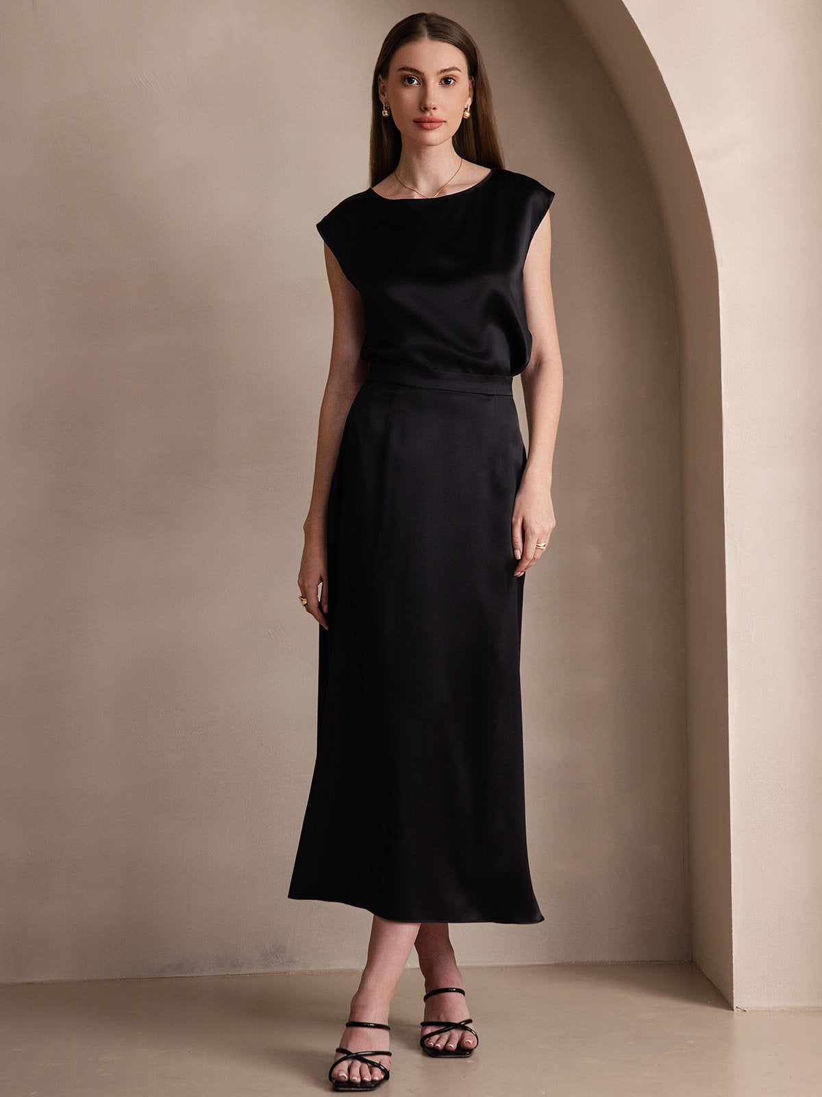 [Black] SilkSilky-UK 19Momme Stretch Silk Charmeuse Skirt 005