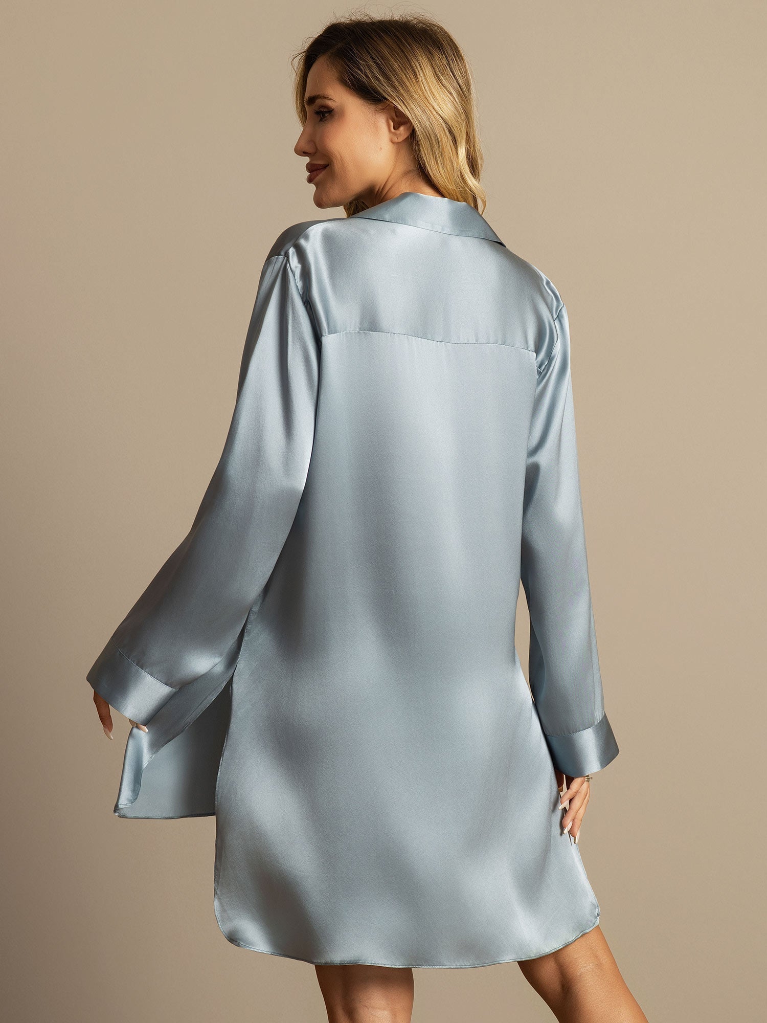[Grayish Blue] SilkSilky-UK Pure Silk Collar Nightshirt 003,