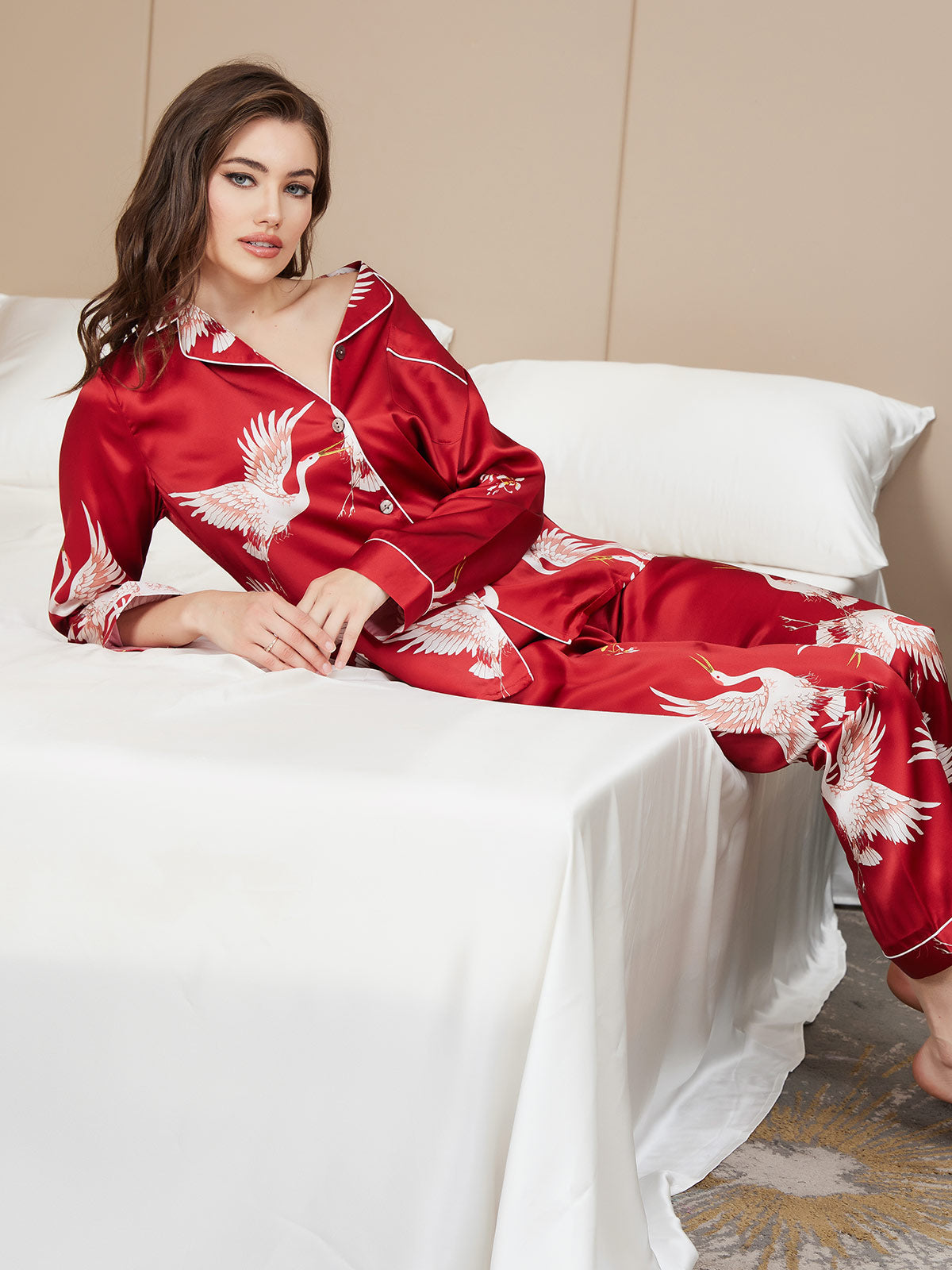 SilkSilky-UK 19Momme Pure Silk Long Sleeve Lapel Women's Pyjamas DarkRed 008