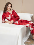 SilkSilky UK 19Momme Pure Silk Long Sleeve Lapel Women's Pyjamas DarkRed 008