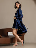 SilkSilky-UK Pure Silk Long Sleeve V Neck Nightdress&Dressing gowns DarkBlue 004