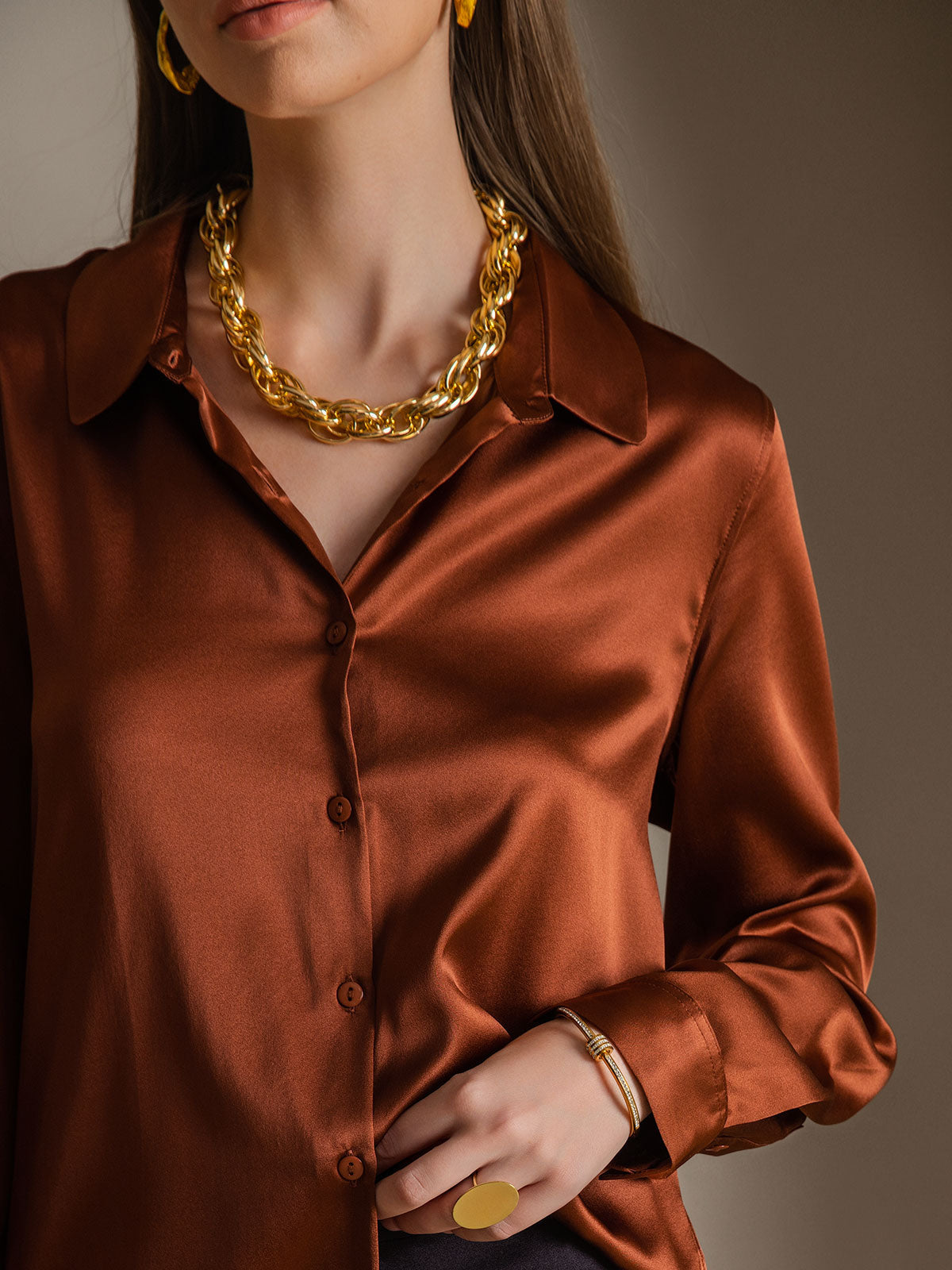 [Coffee] SilkSilky-UK Silk Collar Women's Shirt 006