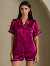 [Fuchsia] SilkSilky-UK Short Sleeve Lapel Collar Women's Pyjamas 006