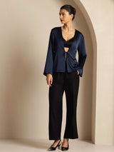 [Dark Blue] SilkSilky-UK 19Momme Stretch Silk Charmeuse Long Sleeve Women's Outerwear 004