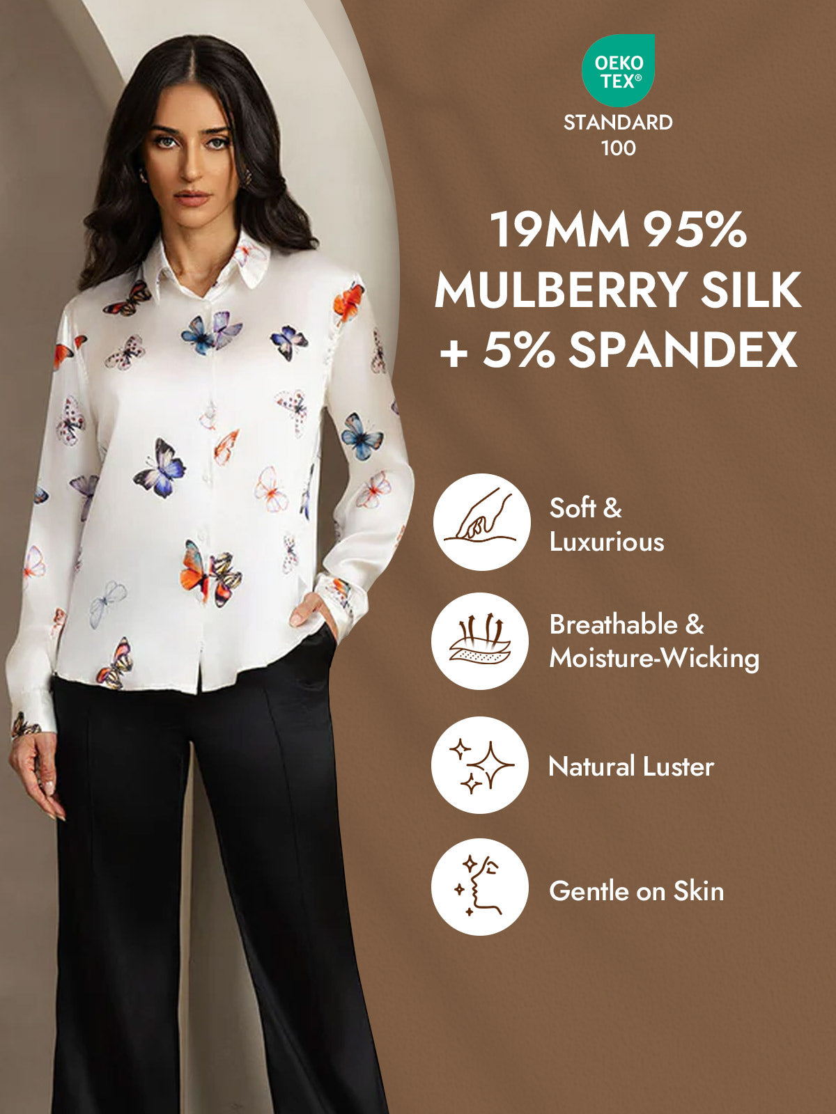 [White Butterfly] SilkSilky-UK Silk Long Sleeve Collar Women's Shirt 004