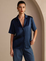 [Dark Blue] SilkSilky-UK Short Sleeve Notch Collar Women's Shirt 001