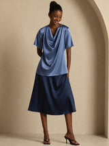 [Real Teal] SilkSilky-UK Short Sleeve Cowl Neck Women's Blouse 006