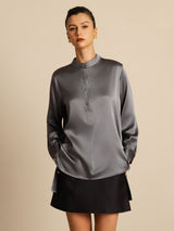 [Dark Gray] SilkSilky-UK 19Momme Stretch Silk Charmeuse Long Sleeve Stand Collar Blouse 004