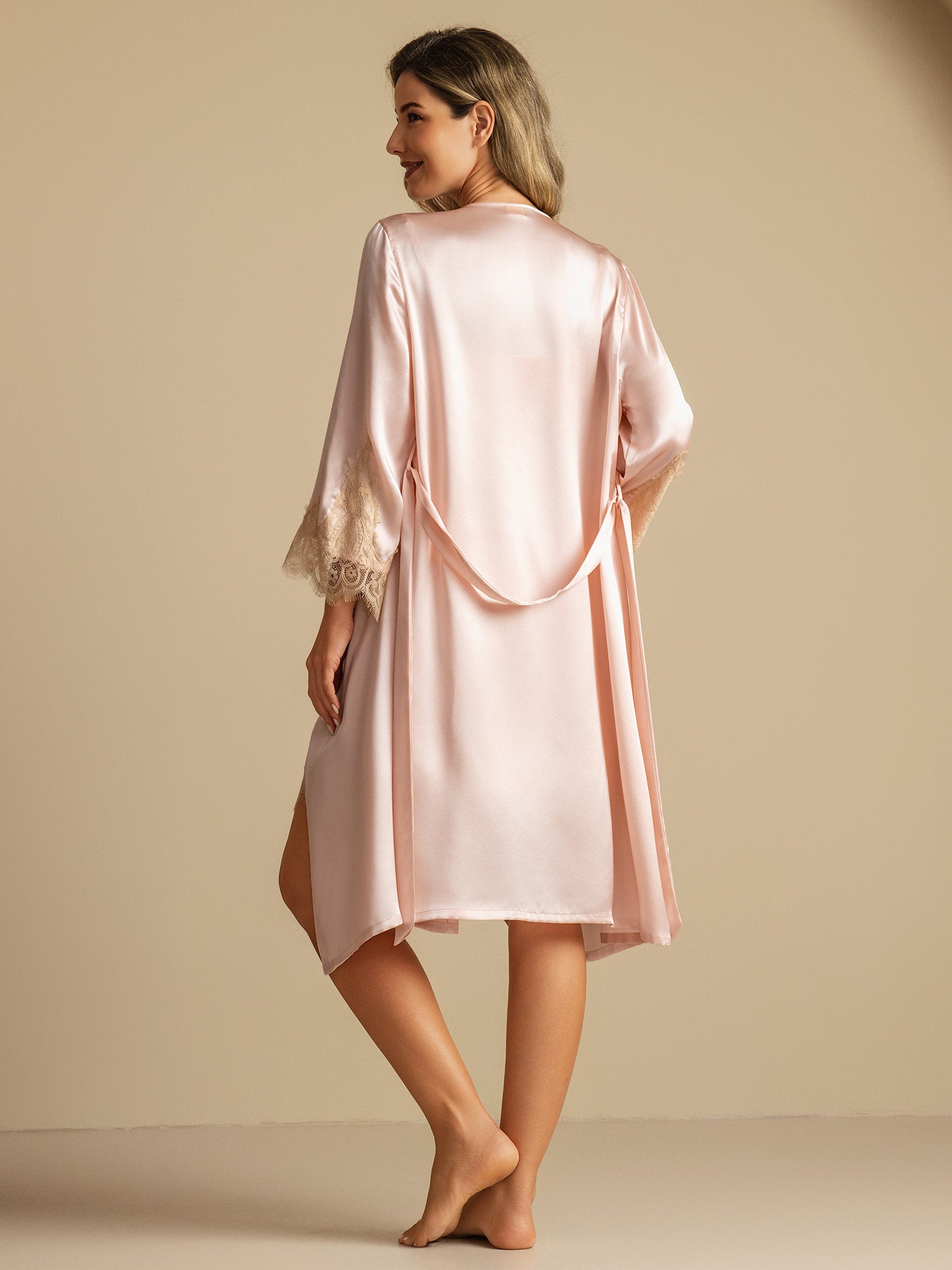 [Pink] SilkSilky-UK 3/4 Sleeve V Neck Nightdress&Dressing gowns 002