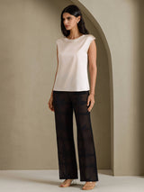 [Beige] SilkSilky-UK Cap Sleeve Round Neck Women's T-Shirt 007