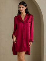 [Wine] SilkSilky-UK Long Sleeve Lapel Collar Nightshirt 001